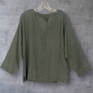 Eileen Fisher Button Front Textured Linen Tunic Top Womens M Green Laganlook